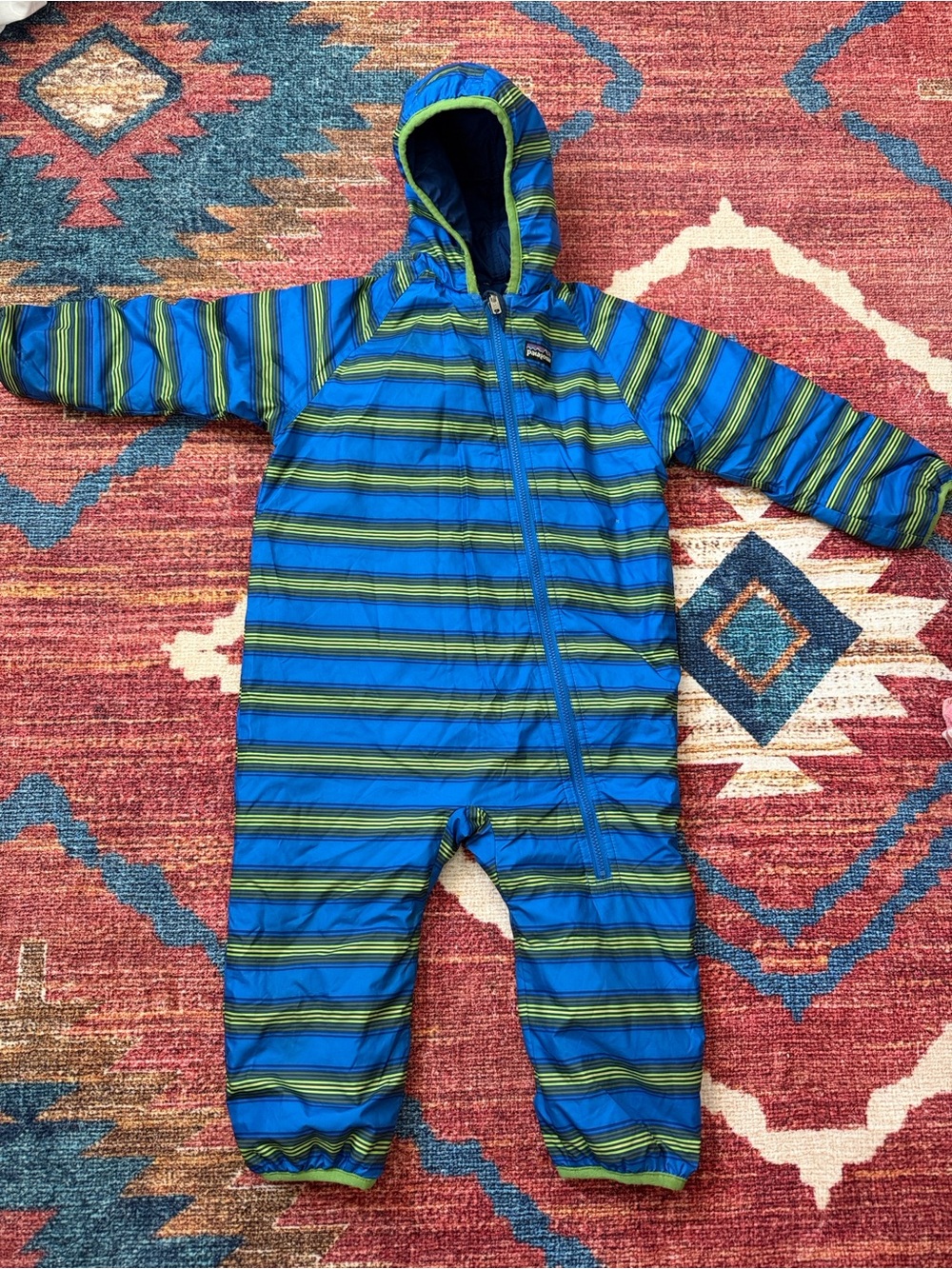 Patagonia Blue & Green Striped Hooded Kids One-Piece